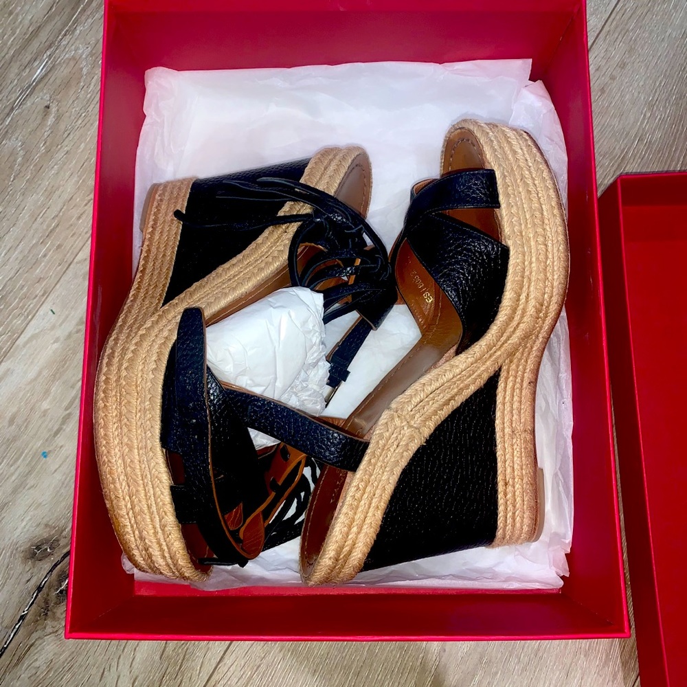 Valentino Garavani Black and Tan Strapped Wedges